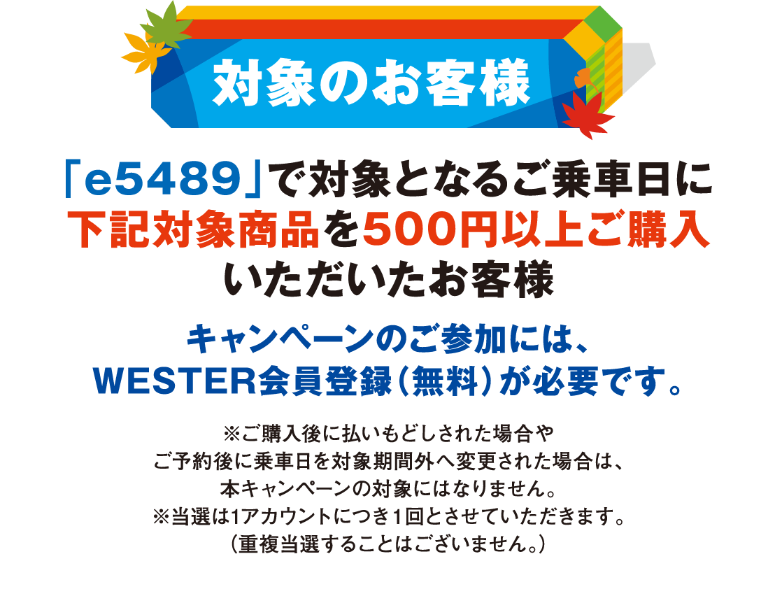 対象のお客様　「e5489」で対象となるご乗車日に下記対象商品を500円以上ご購入いただいたお客様
