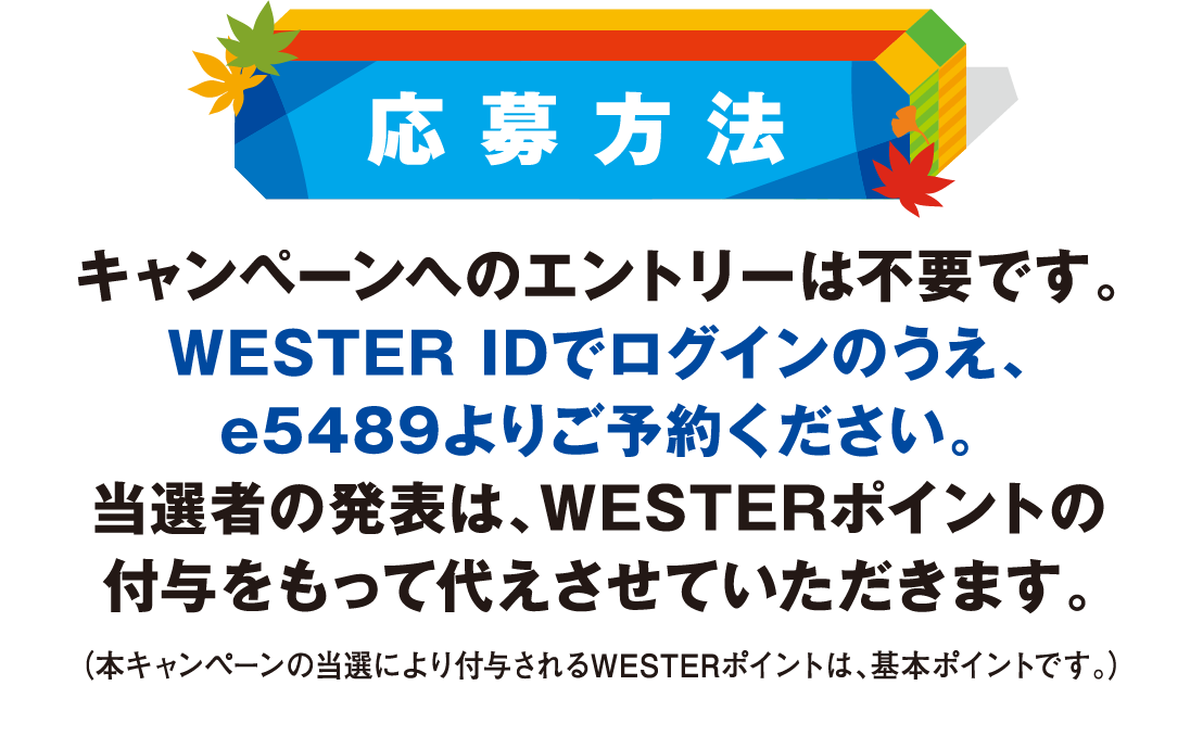キャンペーンへのエントリーは不要です。WESTER IDでログインのうえ、e5489よりご予約ください。当選者の発表は、WESTERポイントの付与をもって代えさせていただきます。