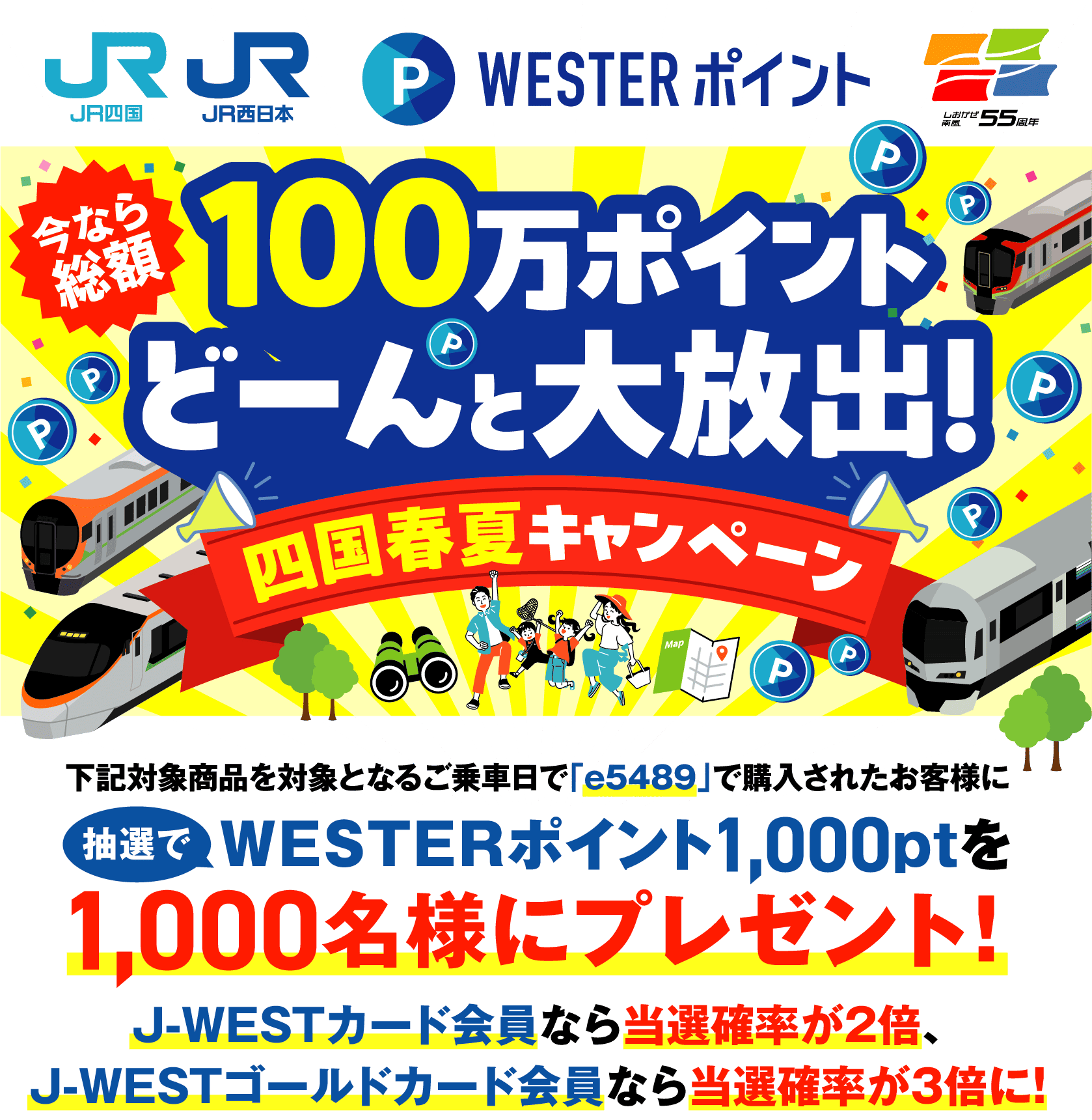 JR四国 JR西日本 WESTERポイント 今なら総額100万ポイントどーんと大放出！四国春夏キャンペーン 下記対象商品を対象となるご乗車日で「e5489」で購入されたお客様に抽選でWESTERポイント1,000ptを1,000名様にプレゼント！