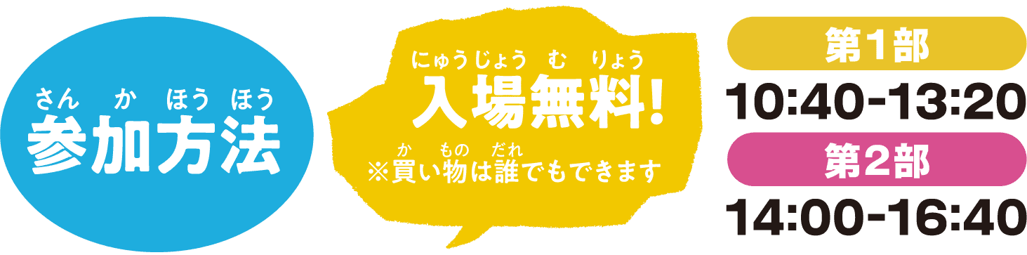 参加方法 入場無料！ ※買い物は誰でもできます 第1部 10:40-13:20 第2部 14:00-16:40